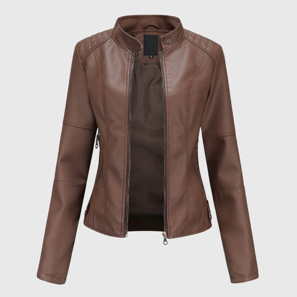 Women's Stylish Leather Jacket with Stand Collar