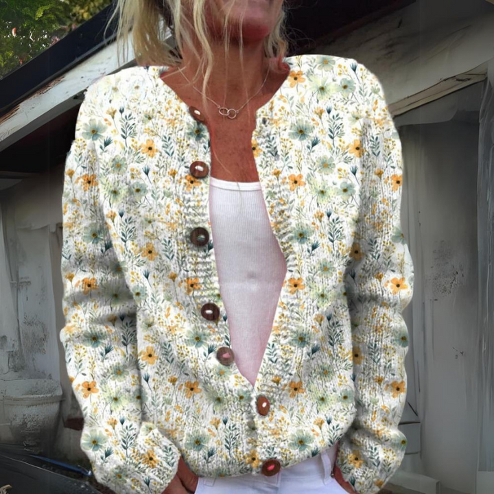 Women's Relaxed Floral Print Cardigan with Button Up and Long Sleeves