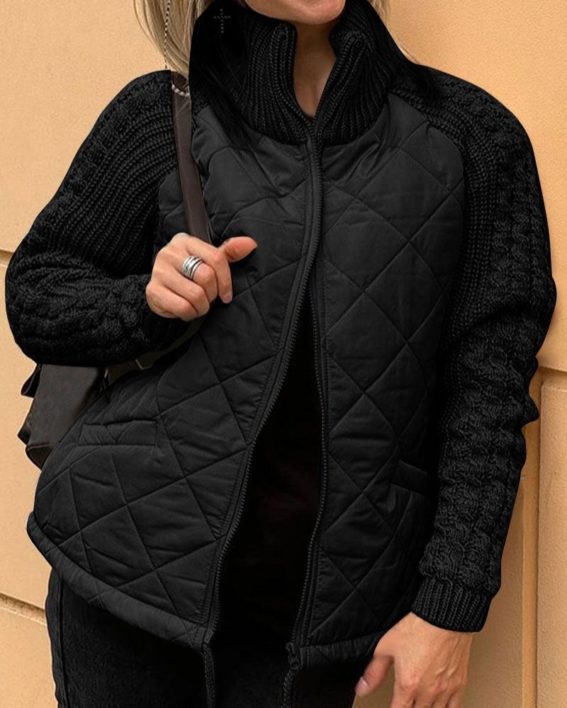 Women's Cosy Quilted Jacket with Cable Knit Sleeves and Funnel Neck