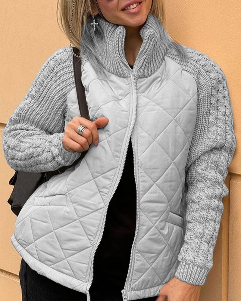 Women's Cosy Quilted Jacket with Cable Knit Sleeves and Funnel Neck