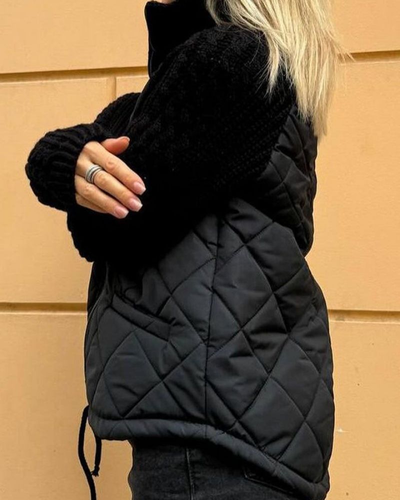 Women's Cosy Quilted Jacket with Cable Knit Sleeves and Funnel Neck