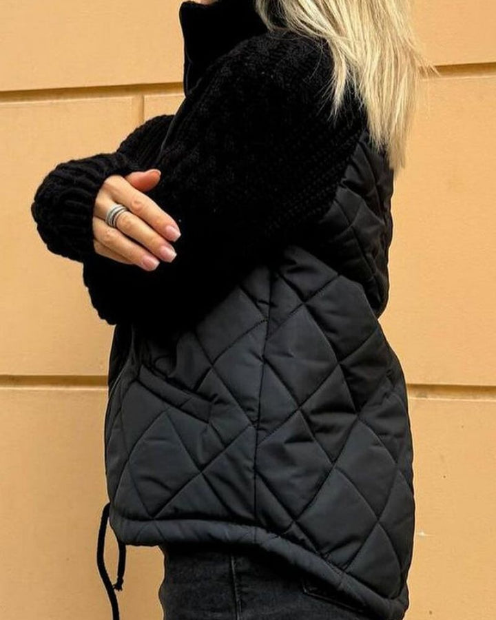Women's Cosy Quilted Jacket with Cable Knit Sleeves and Funnel Neck