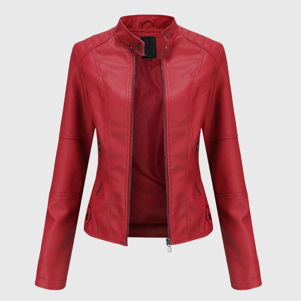 Women's Stylish Leather Jacket with Stand Collar