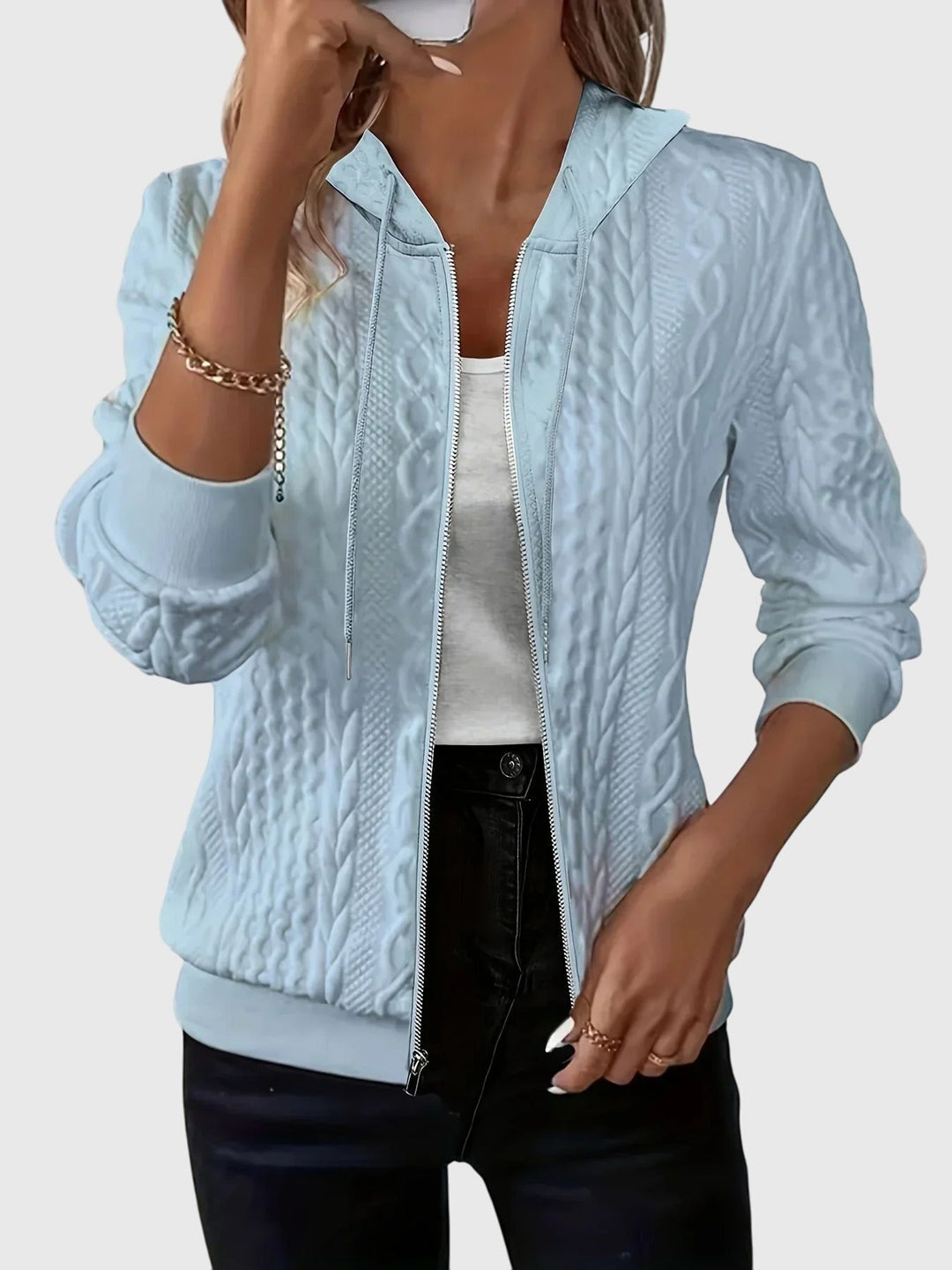 Women's Stylish Quilted Zip Up Hoodie with Cable Knit Pattern