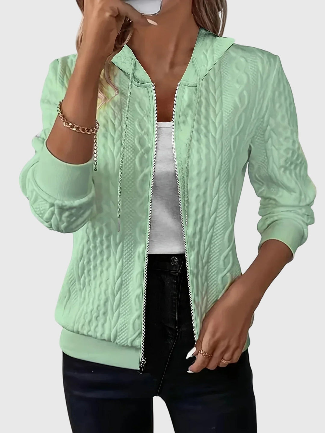 Women's Stylish Quilted Zip Up Hoodie with Cable Knit Pattern