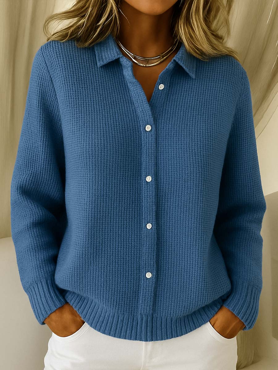 Women's Classic Collared Cardigan with Button-Up Front and Ribbed Knit