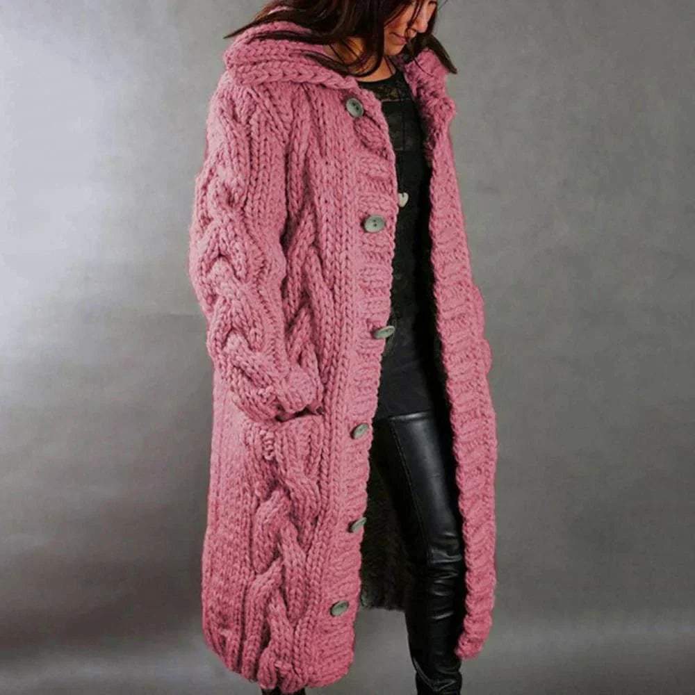 Women's Cosy Long Cable Knit Cardigan with Hooded Neckline and Button Up Front