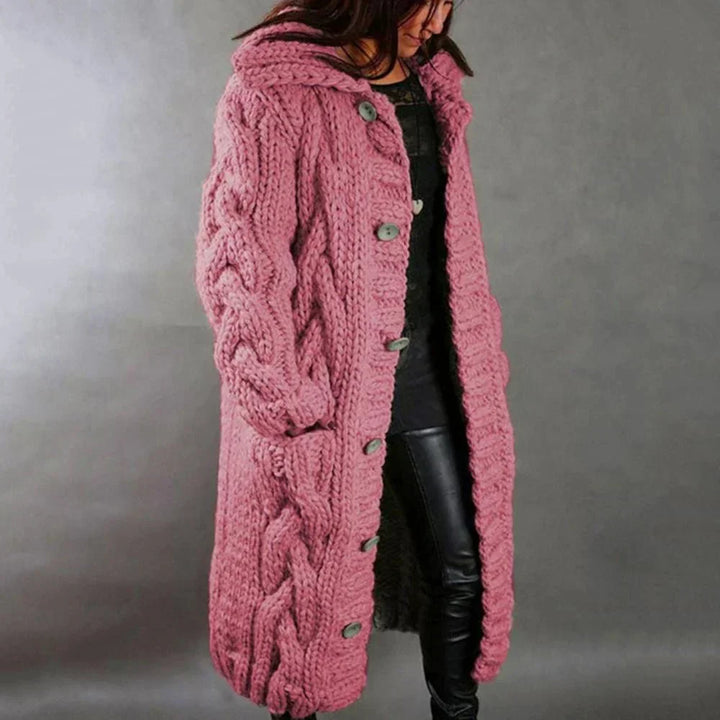 Women's Cosy Long Cable Knit Cardigan with Hooded Neckline and Button Up Front
