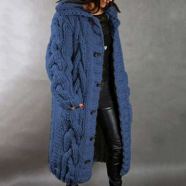 Women's Cosy Long Cable Knit Cardigan with Hooded Neckline and Button Up Front