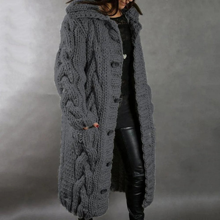 Women's Cosy Long Cable Knit Cardigan with Hooded Neckline and Button Up Front