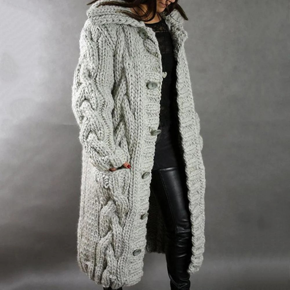 Women's Cosy Long Cable Knit Cardigan with Hooded Neckline and Button Up Front