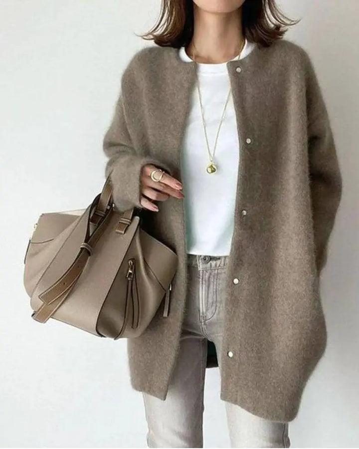 Women's Lightweight Wool Cardigan with Button Up Closure and Round Neckline