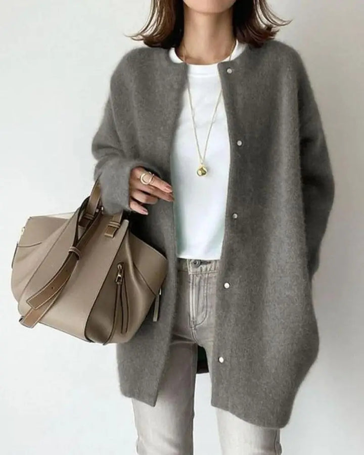 Women's Lightweight Wool Cardigan with Button Up Closure and Round Neckline
