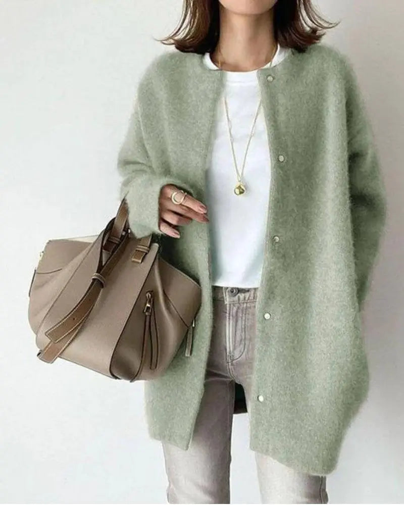 Women's Lightweight Wool Cardigan with Button Up Closure and Round Neckline