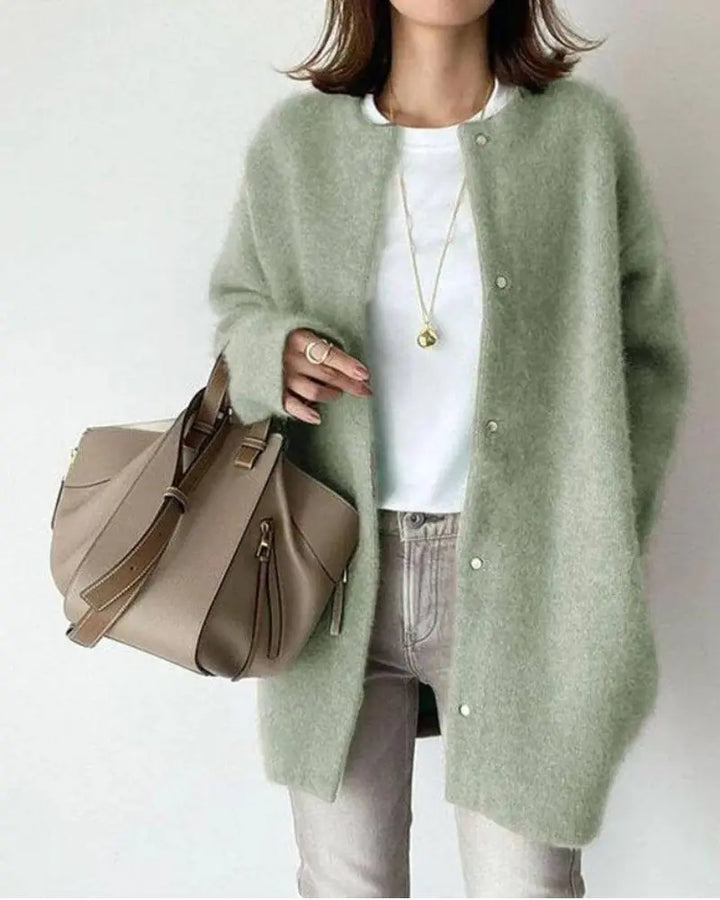 Women's Lightweight Wool Cardigan with Button Up Closure and Round Neckline