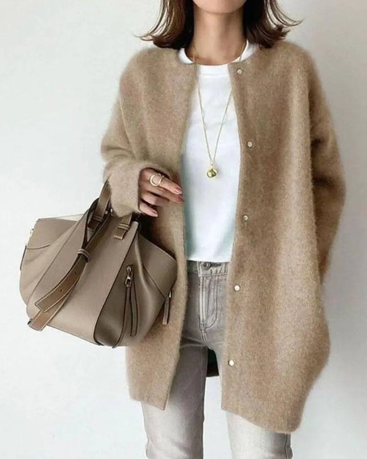 Women's Lightweight Wool Cardigan with Button Up Closure and Round Neckline