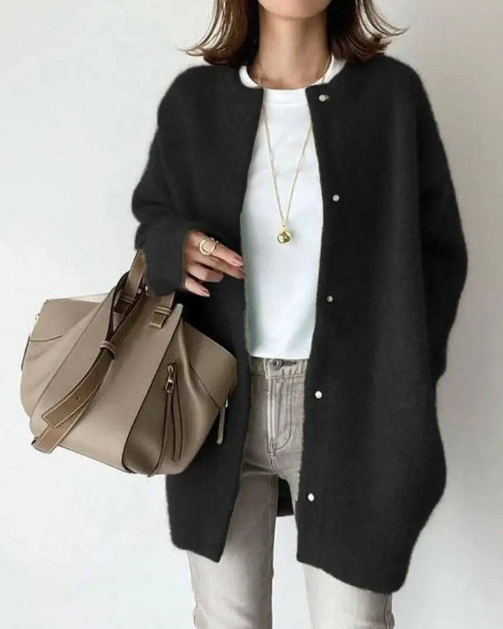 Women's Lightweight Wool Cardigan with Button Up Closure and Round Neckline