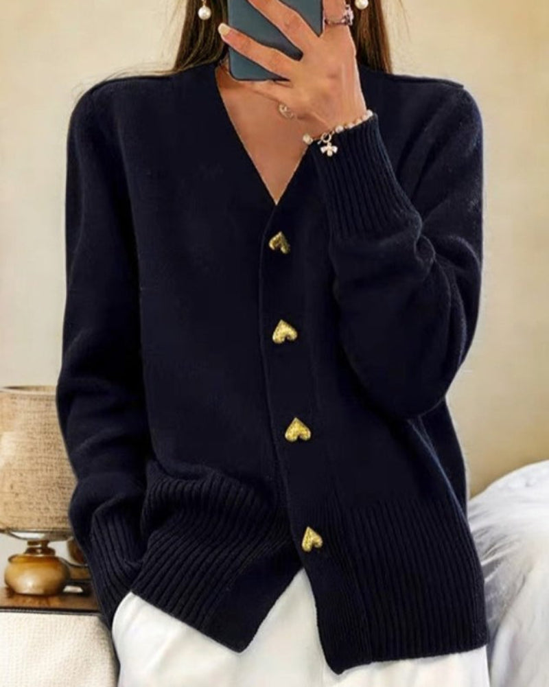 Women's Relaxed Button Up Cardigans with V Neck and Heart-Shaped Buttons