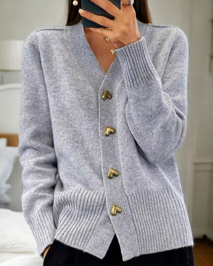 Women's Relaxed Button Up Cardigans with V Neck and Heart-Shaped Buttons