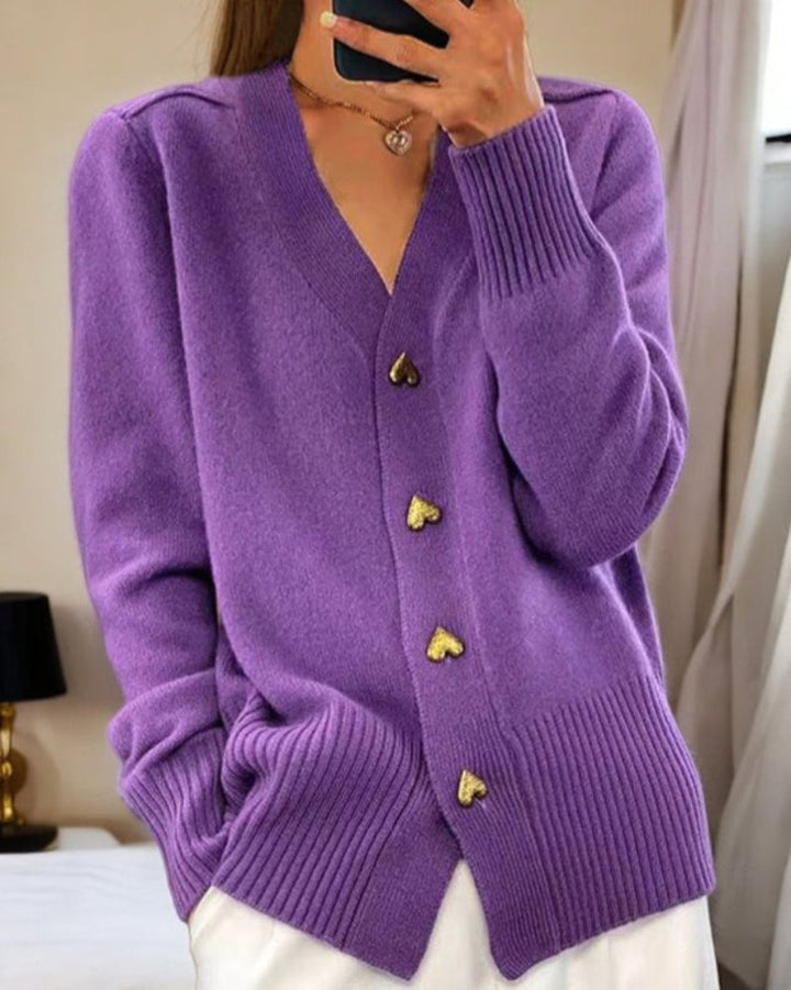 Women's Relaxed Button Up Cardigans with V Neck and Heart-Shaped Buttons