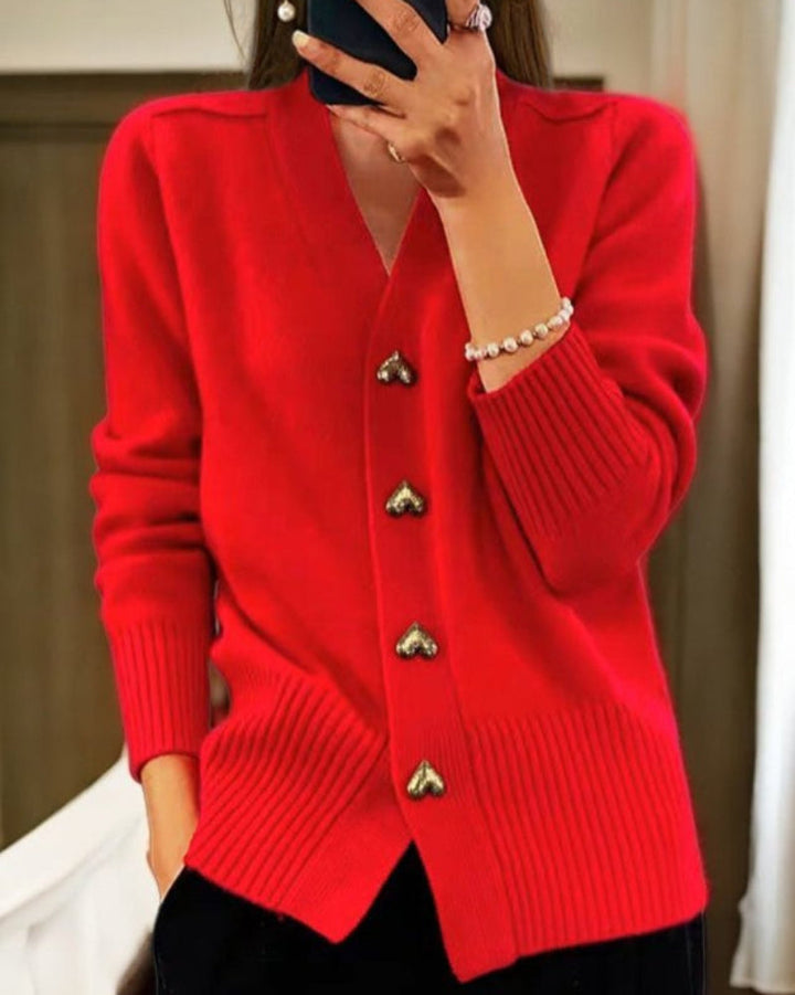 Women's Relaxed Button Up Cardigans with V Neck and Heart-Shaped Buttons