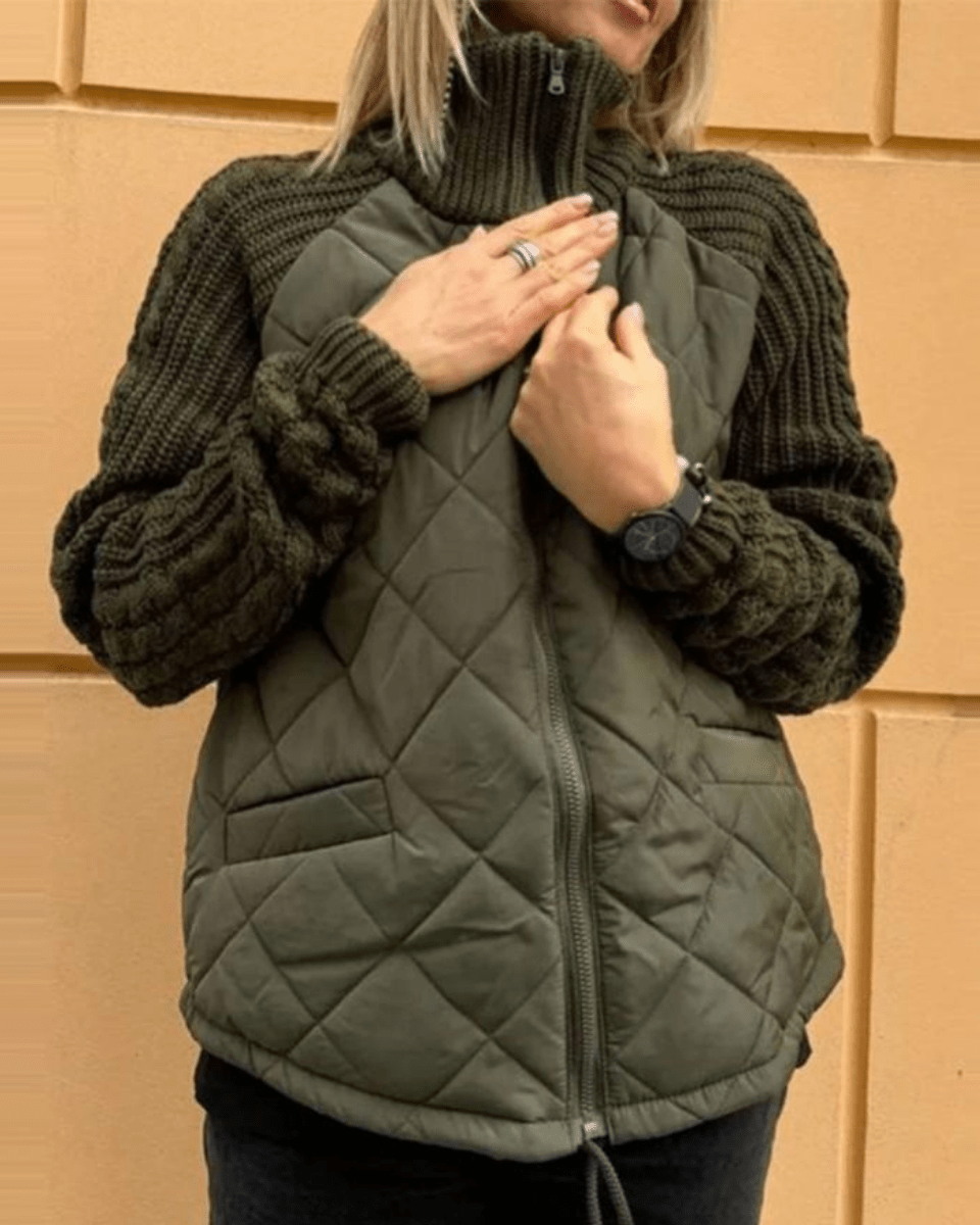 Women's Cosy Quilted Jacket with Cable Knit Sleeves and Funnel Neck