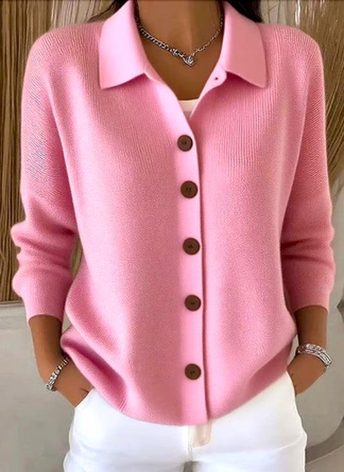 Women's Relaxed Collared Cardigan with Button Up and Ribbed Knit