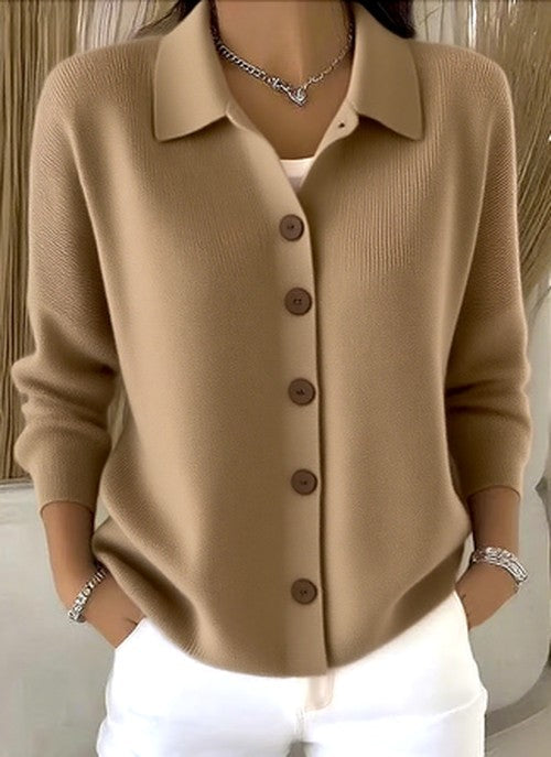 Women's Relaxed Collared Cardigan with Button Up and Ribbed Knit
