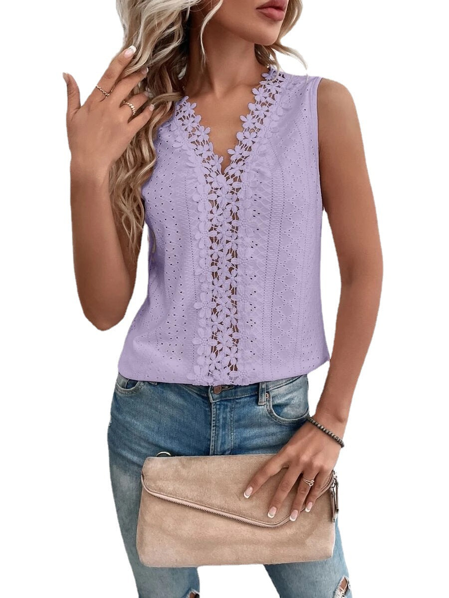 Women Clothing Summer V neck Stitching Hollow Out Lace Vest T Top Women