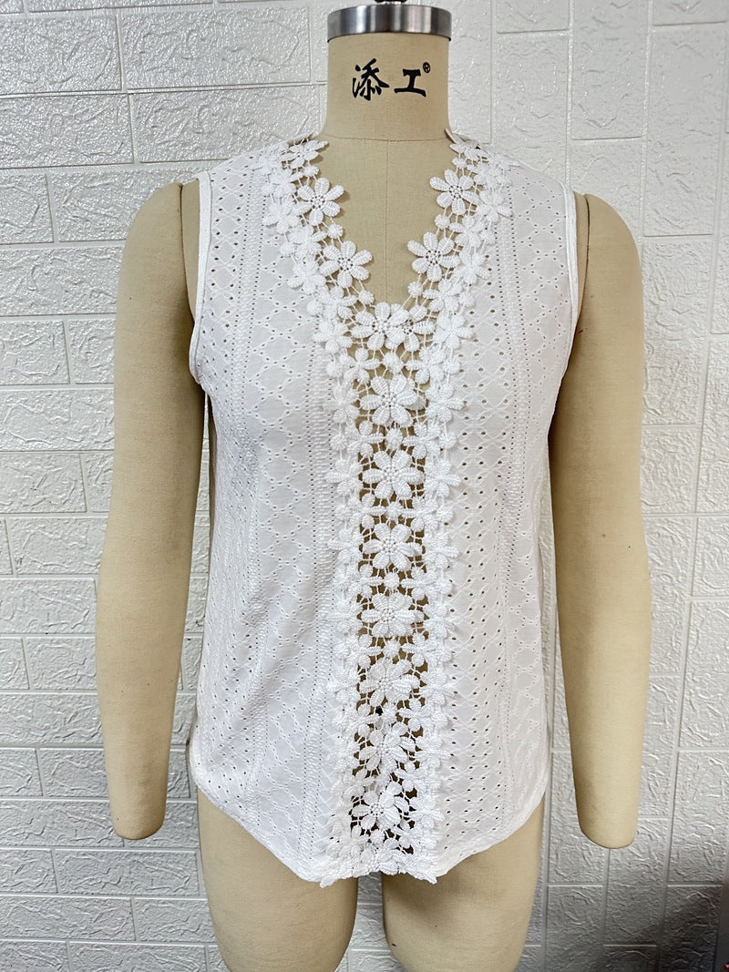 Women Clothing Summer V neck Stitching Hollow Out Lace Vest T Top Women