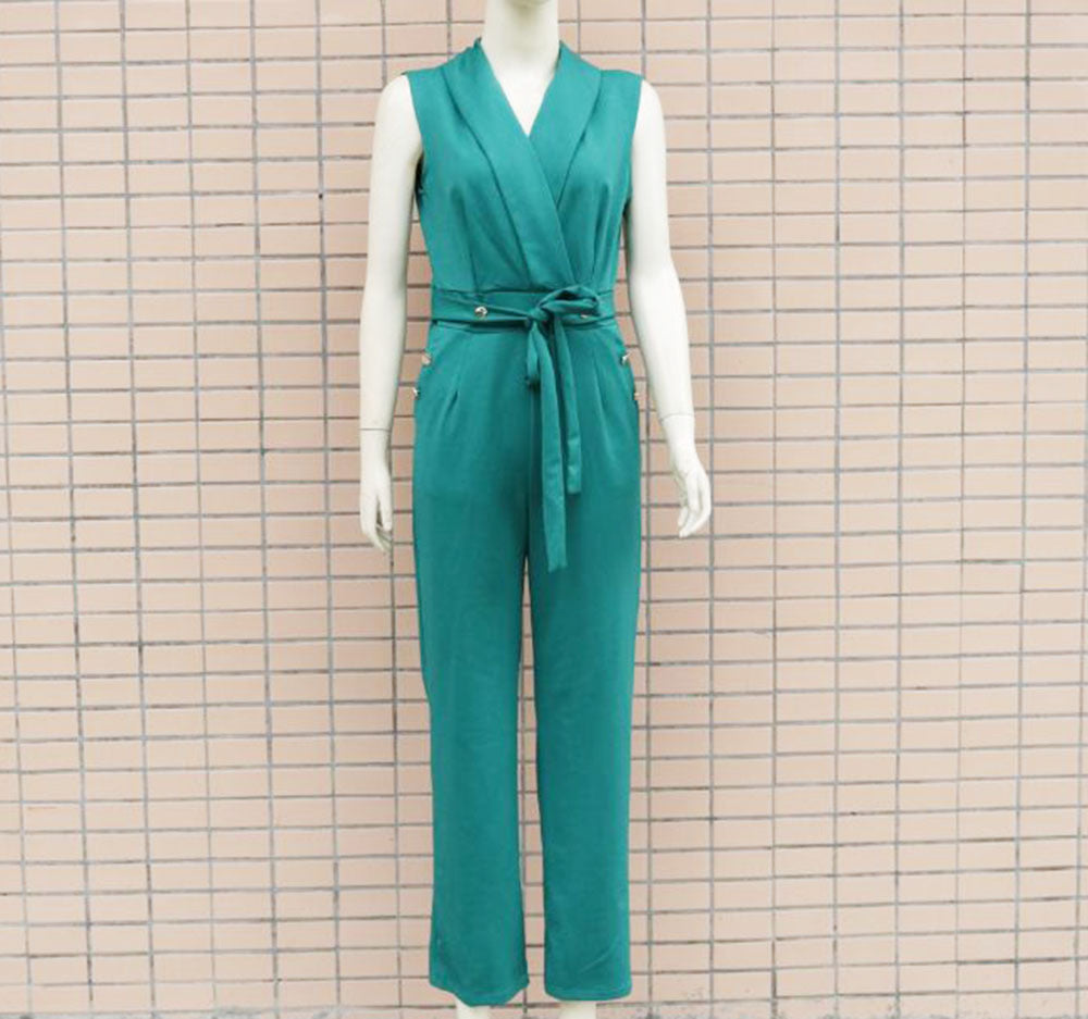 Spring Summer Women Clothing  Button V-neck Sleeveless Slim Fit Bodysuit