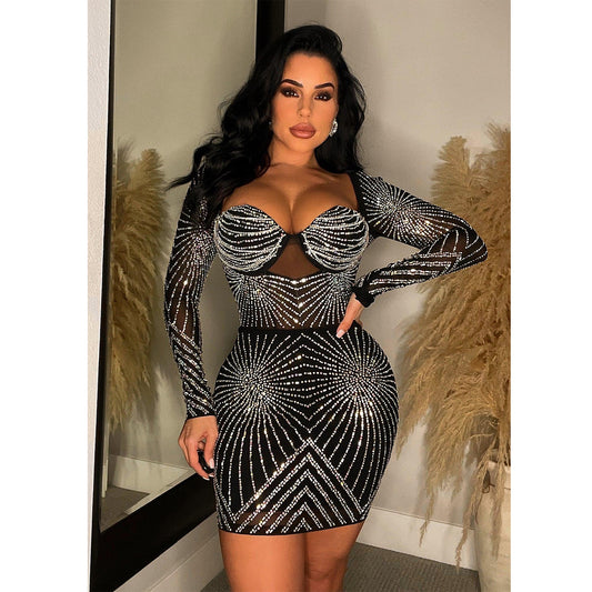 Women Wear Solid Color Mesh Rhinestone Long Sleeve Short Dress