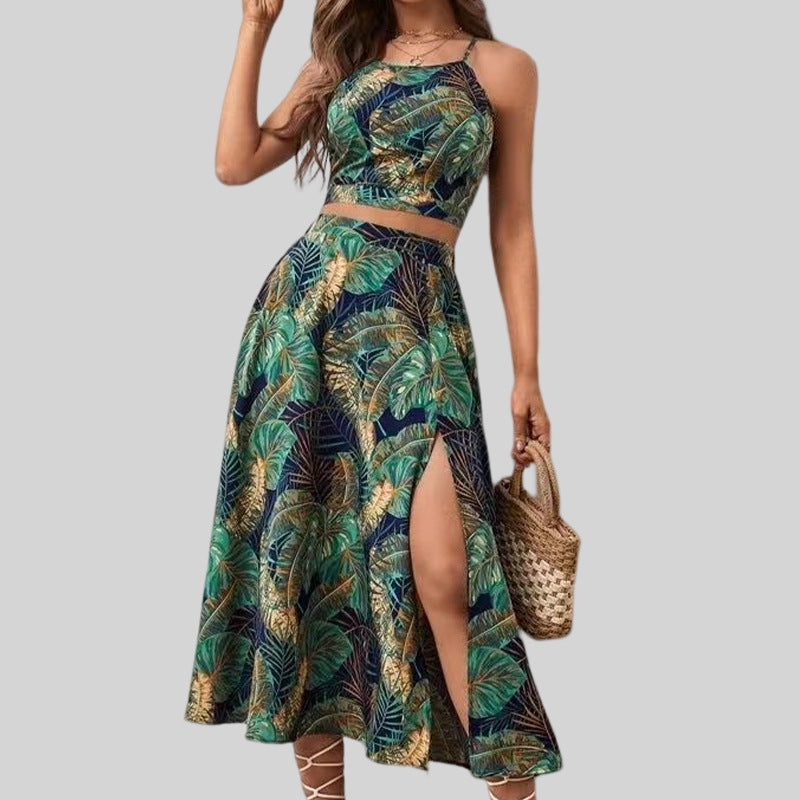 Sexy Sling Vest Floral Print Swing Dress Beach Skirt Set Slim Fit Slimming Printed Beach Skirt Long Skirt Women