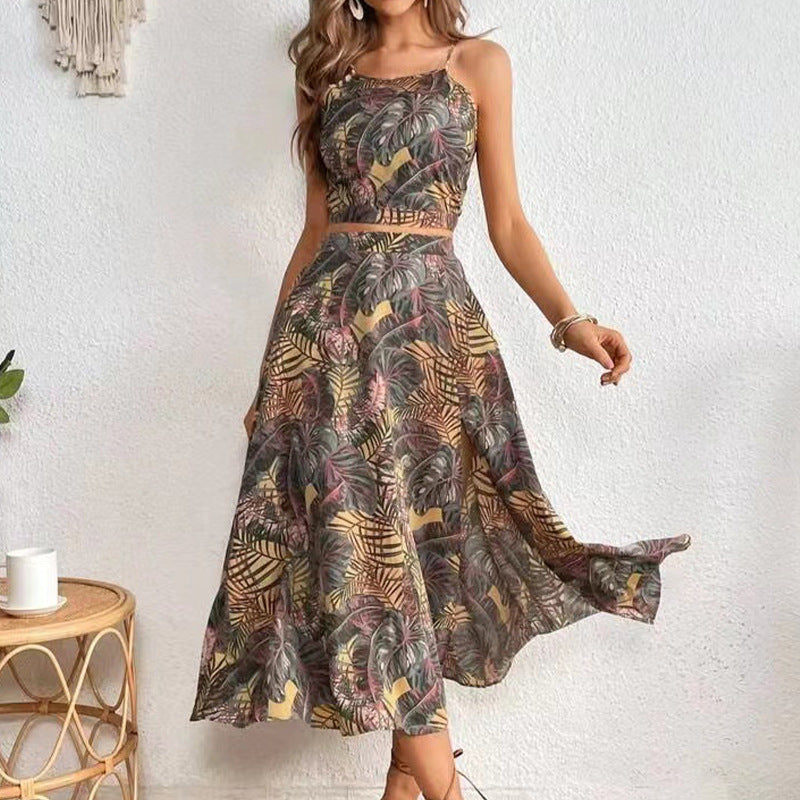 Sexy Sling Vest Floral Print Swing Dress Beach Skirt Set Slim Fit Slimming Printed Beach Skirt Long Skirt Women