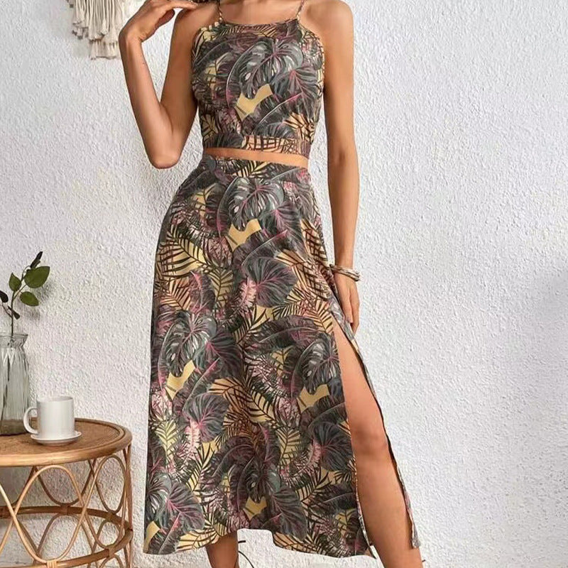 Sexy Sling Vest Floral Print Swing Dress Beach Skirt Set Slim Fit Slimming Printed Beach Skirt Long Skirt Women